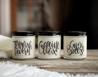 3 mini glass candles made from coconut and soy wax with script writing available at Happy Little Flame